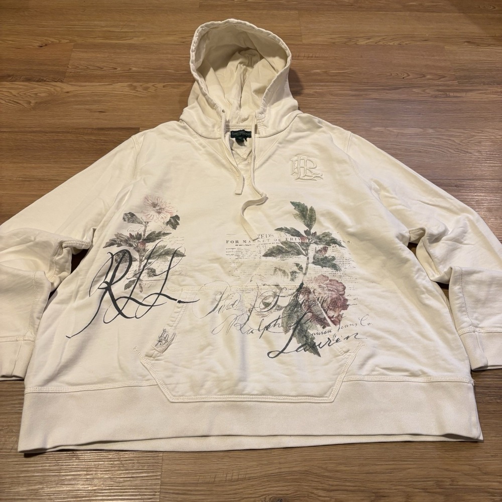Vintage Ralph Lauren Jean Co Hoodie Women's 3XL Cream Floral RLL Embroidered Y2K